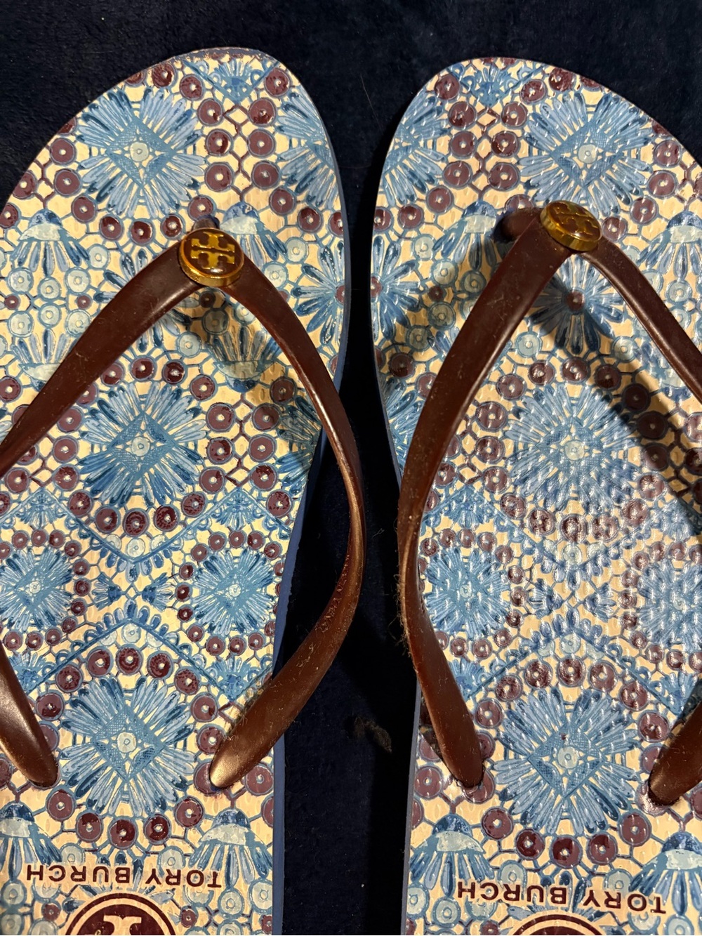 SOLD!!!!!  Tory Burch Blue, Cream & Brown Patterned Flip Flops